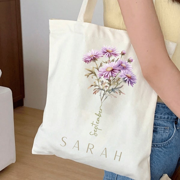 Sac fourre-tout personnalisé fleur de naissance, cadeau fleur de naissance personnalisé, fourre-tout en toile, cadeau d'anniversaire pour elle, cadeau pour maman, cadeau meilleur ami, sac fourre-tout