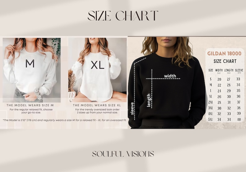 May include: Size chart graphic for a Gildan 18000 sweatshirt. The chart includes measurements for width, length, and sleeve length in inches. The image also shows models wearing size M and XL sweatshirts, with text indicating fit recommendations.