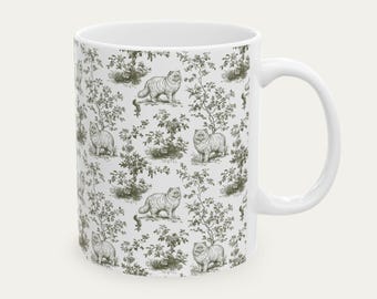 Persian Cat Sage Green Toile Mug, Toile de Jouy Percy Coffee Cup, Persian Cat Mom Gift, Cat Lover Mug, Pet Lover Gift