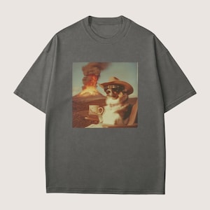 May include: Dark grey t-shirt with a square graphic of a dog in sunglasses and a cowboy hat, seated with a cup, and a volcano erupting behind it. The tee has a crew neck and short sleeves.