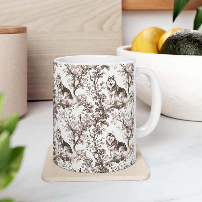 Husky French Toile de Jouy Mug, Elegant Toile Cup Gifts for Husky Mom, Siberian Husky, Siberian Husky Mugs, Siberian Husky Lover, Husky mom