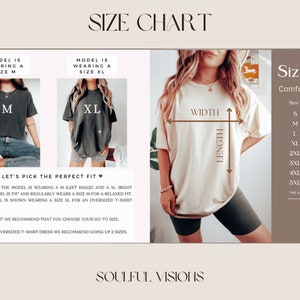 May include: Size chart for a t-shirt with measurements in inches. The chart shows the width and length of the shirt in different sizes, from small to 5XL. The model is wearing a size M and a size XL t-shirt. "Let's pick the perfect fit" and "Soulful Visions" are written on the chart.
