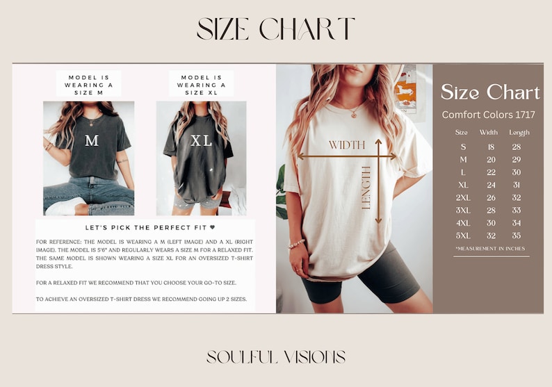 May include: Size chart for a t-shirt with measurements in inches. The chart shows the width and length of the shirt in different sizes, from small to 5XL. The model is wearing a size M and a size XL t-shirt. "Let's pick the perfect fit" and "Soulful Visions" are written on the chart.
