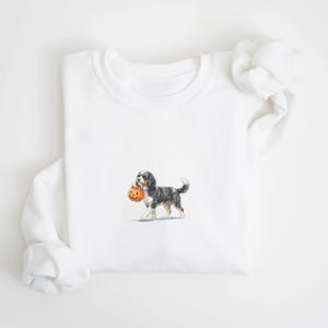 May include: A white crewneck sweatshirt featuring a small, centered illustration of a black, white, and brown dog carrying a small orange jack-o'-lantern pumpkin bucket in its mouth. The dog has floppy ears and a fluffy tail.
