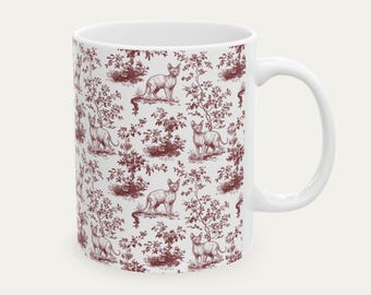 Sphynx Katze Burgunder Toile Becher, Toile de Jouy Sphynx Kaffeetasse, Sphynx Katzenmama Geschenk, Katzenliebhaber Becher, Geschenk Tierliebhaber