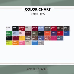 May include: Color chart for Gildan 18000 t-shirts, showing a variety of colors including white, black, red, blue, green, orange, purple, and grey.