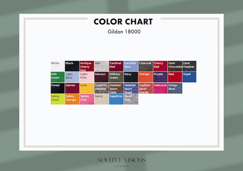 May include: Color chart for Gildan 18000 t-shirts, showing a variety of colors including white, black, red, blue, green, orange, purple, and grey.
