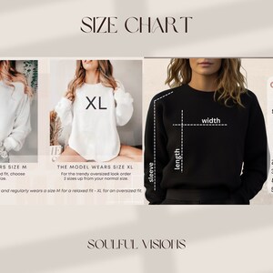 May include: Size chart for Gildan 18000 sweatshirts. The chart shows the width, length, and sleeve length in inches for sizes S through 5XL. The model is wearing a size M and a size XL.