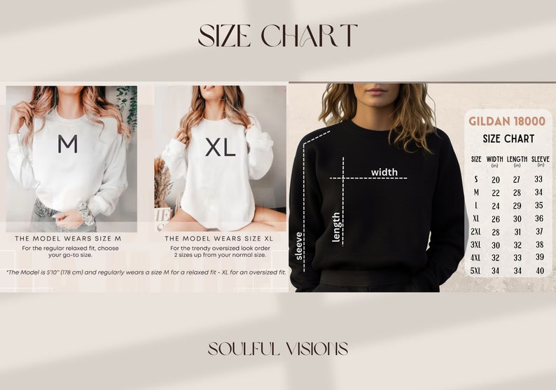 May include: Size chart for Gildan 18000 sweatshirts. The chart shows the width, length, and sleeve length in inches for sizes S through 5XL. The model is wearing a size M and a size XL.