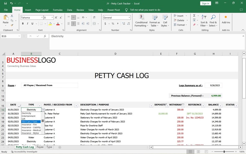 Editable Petty Cash Log Template | Auto-calculation Spreadsheet (excel ...
