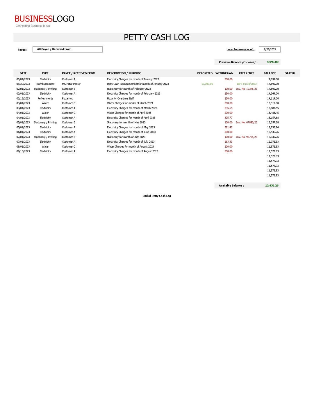Editable Petty Cash Log Template | Auto-calculation Spreadsheet (excel ...