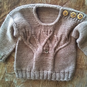 May include: A brown knitted sweater with a tree design on the front. The sweater has a round neckline and buttons on the shoulder.