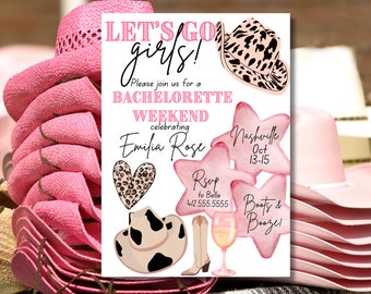 Bachelorette Party, Lets Go Girls Pink Invite, Bachelorette Party, Nashville Bachelorette, DOWNLOADABLE, Bach, Boots & Booze!