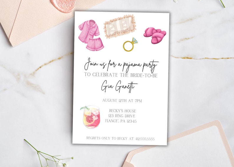 May include: A white invitation card with watercolor illustrations for a pajama party. The card features images of pajamas, slippers, a ring, and a cocktail. Text on the card reads "Join us for a pajama party" and details for the event.