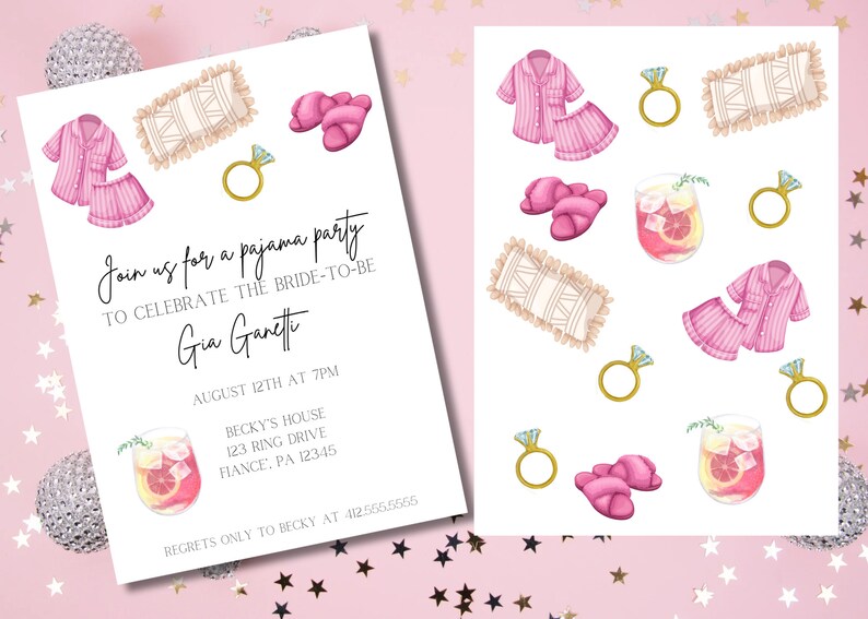 May include: A pink pajama party invitation with illustrations of pajamas, slippers, pillows, rings, and cocktails. The invitation text reads "Join us for a pajama party to celebrate the bride-to-be Gia Garett".
