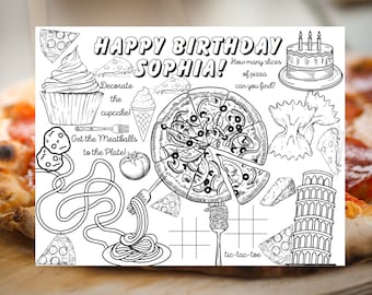 Placemat de cumpleaños, DESCARGAR, Placemat de fiesta de cumpleaños de pizza, Decoración personalizada de mesa para colorear y juegos, Favor de fiesta de cumpleaños, Fiesta para niños
