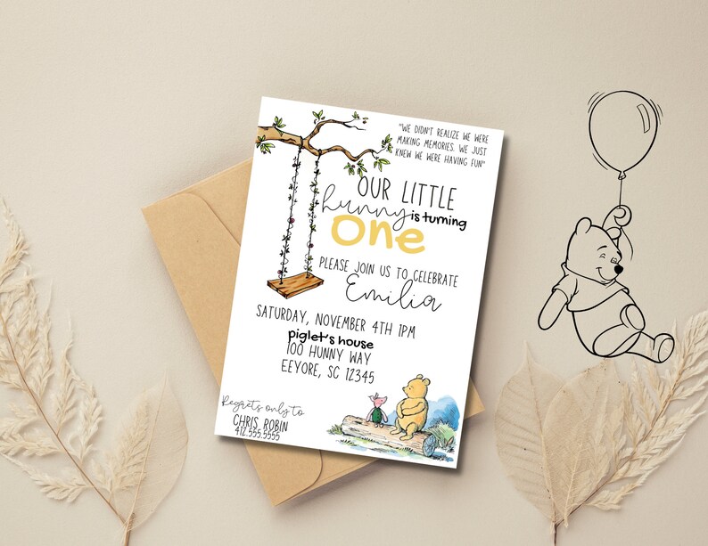 Winnie the Pooh Birthday Party Invitation, Classic Winnie the Pooh