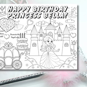 Birthday placemat, PRINCESS Birthday Party Placemat DOWNLOAD, Personalized Coloring & Game Table Decoration, Birthday party favor, Princess