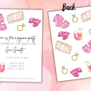 May include: A pajama party invitation with watercolor illustrations. The front features text inviting guests to celebrate the bride-to-be, Gia Ganett. The design includes images of pajamas, slippers, a ring, and a cocktail.