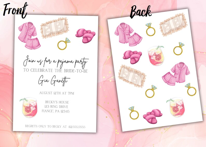 May include: A pajama party invitation with watercolor illustrations. The front features text inviting guests to celebrate the bride-to-be, Gia Ganett. The design includes images of pajamas, slippers, a ring, and a cocktail.