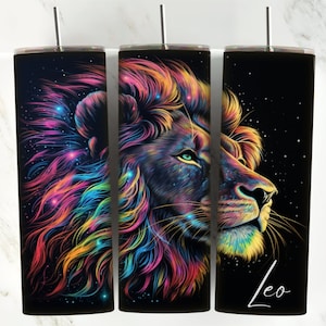 Leo Zodiac Sign 20oz Skinny Tumbler Wrap Sublimation Design - Star Sign Astrology, Rainbow Galaxy Background, Birth Flower, Birth Month Lion
