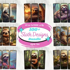 May include: A digital download bundle of 100+ sloth designs for 20 oz tumblers. The designs feature sloths in various poses and settings, including a sloth playing a guitar, a sloth in a hammock, and a sloth with a baby sloth. The designs are perfect for creating custom tumblers.