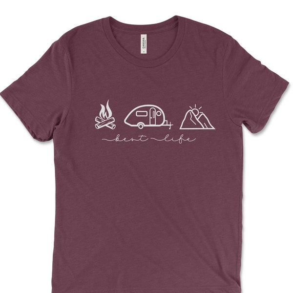 Teardrop Camper Best Life Unisex Short Sleeve T-Shirt; Campfire, Camper, Mountains