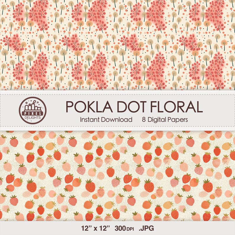 Vibrant Polka Dot Floral Digital Paper, 12"x12", Instant Download ...