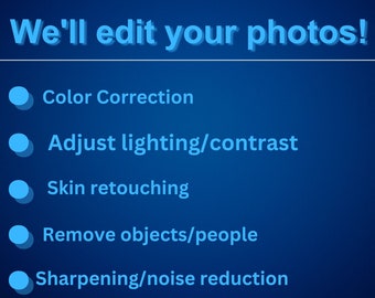 May include: A blue background with white circles and text that reads "We'll edit your photos!"  The text below the title lists five photo editing services: Color Correction, Adjust lighting/contrast, Skin retouching, Remove objects/people, and Sharpening/noise reduction.