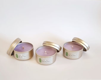 Set of three handmade lavender soy candles.