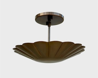 Antique Brass Flush Mount Ceiling Light – Mid-Century Modern Fluted Light Fixture