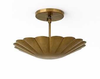 Antique Brass Flush Mount Ceiling Light – Mid-Century Modern Fluted Light Fixture