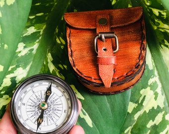 Brass nautical antique navigation compass with leather case office decorative items husband gift Anniversary present