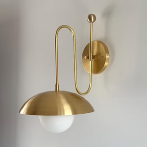 Brass Wall Sconce with Dome Shade | Modern Mid-Century Wall Lamp | Frosted Globe Light | Bedroom Hallway Lighting | U-Shape Design