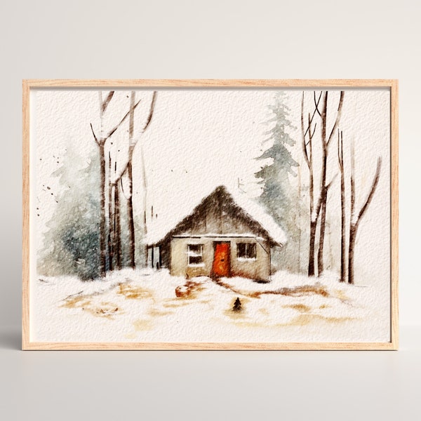 Cozy Winter Cabin Watercolor Print, Landscape Wall Art Printable,Festive Pine Tree, Atmospheric Seasonal Vintage Wall Decorations, Instant
