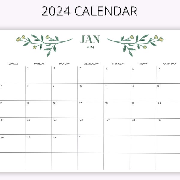 Calendar Printable 2024 ,Monthly Minimalist Landscape calendar,Sunday & Monday Start, US Letter, A4, A3 PDF, Instant Download