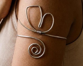 925 Sterling Silver Butterfly Arm Cuff Bracelet, Upper Arm Bangle, Wire Wrap Armlet, Boho Arm Band, Adjustable Gift for Her