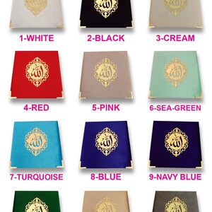 May include: Twelve different color options for a decorative prayer rug with a gold Arabic calligraphy design. The colors include white, black, cream, red, pink, sea green, turquoise, blue, navy blue, green, gold, and dark grey.