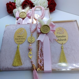 Personalisierte Samt Dua Book Tasbeeh Beutel mit verzierter Box Muslimisches Geschenkset | Eid Geschenk | Hochzeitsgeschenk | Baby Shower Geschenk | Hajj Umrah Geschenk
