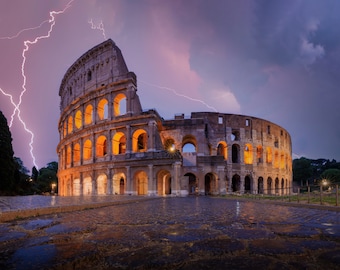 Rome Colosseum in a Lightning Storm Canvas Wall Art, Colorful Skyline Photo Print, Modern Home Decor, Italy Travel Wall Art, Office Decor