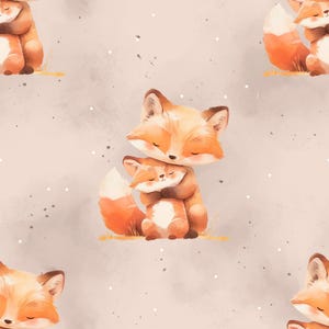 Könnte beinhalten: Ein sich wiederholendes Muster mit Aquarell-Illustrationen von zwei sich umarmenden orange-weißen Füchsen. Die Füchse haben geschlossene Augen und sind auf einem hellbeigen Hintergrund mit kleinen weißen Punkten und dunklen Sprenkeln platziert.