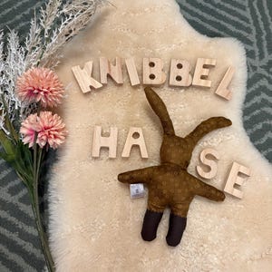 Könnte beinhalten: Ein braunes Stoffhasenspielzeug mit kleinem Kreis-Muster und dunkelbraunen Füßen, platziert zwischen Holzbuchstaben, die KNIBBEL HASE bilden, begleitet von einem Stiel mit zwei rosa Blüten und weißem Ziergras auf einem cremefarbenen Teppich.