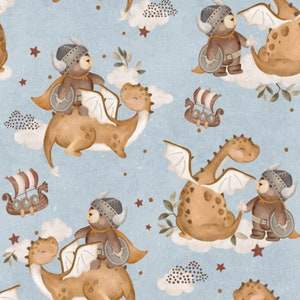 Jersey production interne / Dragon / Chevalier / Chevalier / Bleu / Enfants / Jersey de coton / Tissu / Vendu au mètre / Tissu