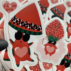 Leuke paddestoelkarakterstickers - Aardbei en watermeloen. Waterdichte vinylsticker. Voor Bullet Journaling, Cadeau, Laptop en Telefoonsticker.