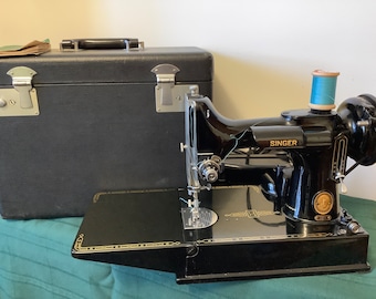 Vintage Singer 221K Portable Electric Sewing Machine with Case, Manual etc