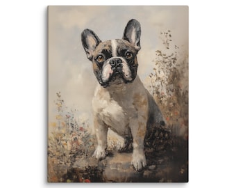 French Bulldog Art Print, Brindle Frenchie Vintage Rustic Dog Portrait, Canvas Wall Art