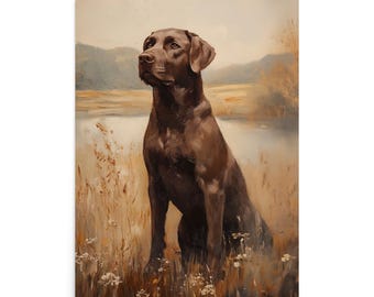 Chocolate Lab Portrait, French Country Dog Art, Matte Paper Print