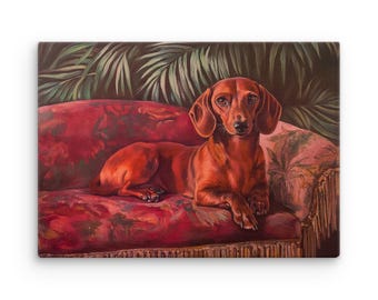 Teckelkunstprint, portret van wienerhond op roodfluwelen bank, botanische muurkunst