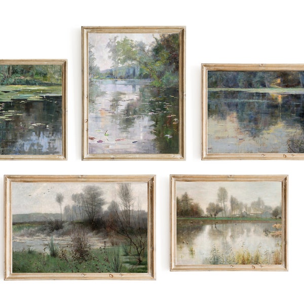 Serene Landscapes | Set of 5 Digital Prints | Gallery Wall | Pond | Still Water | Grey Skies | Peaceful | Lilies | Lily Pads | Landscape Art