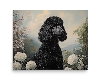 May include: A black standard poodle sits in a field of white flowers. The dog has a fluffy coat and is looking to the right. The background is a soft, blurred landscape with a blue sky.